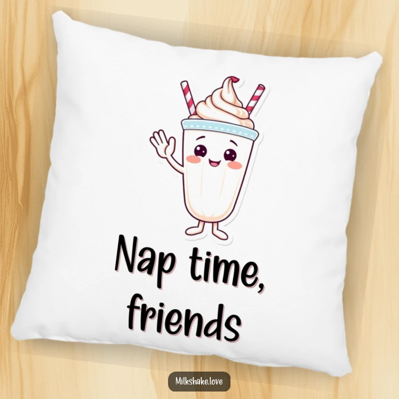 Funny pillow featuring a smiling milkshake character waving with its whipped cream topping.