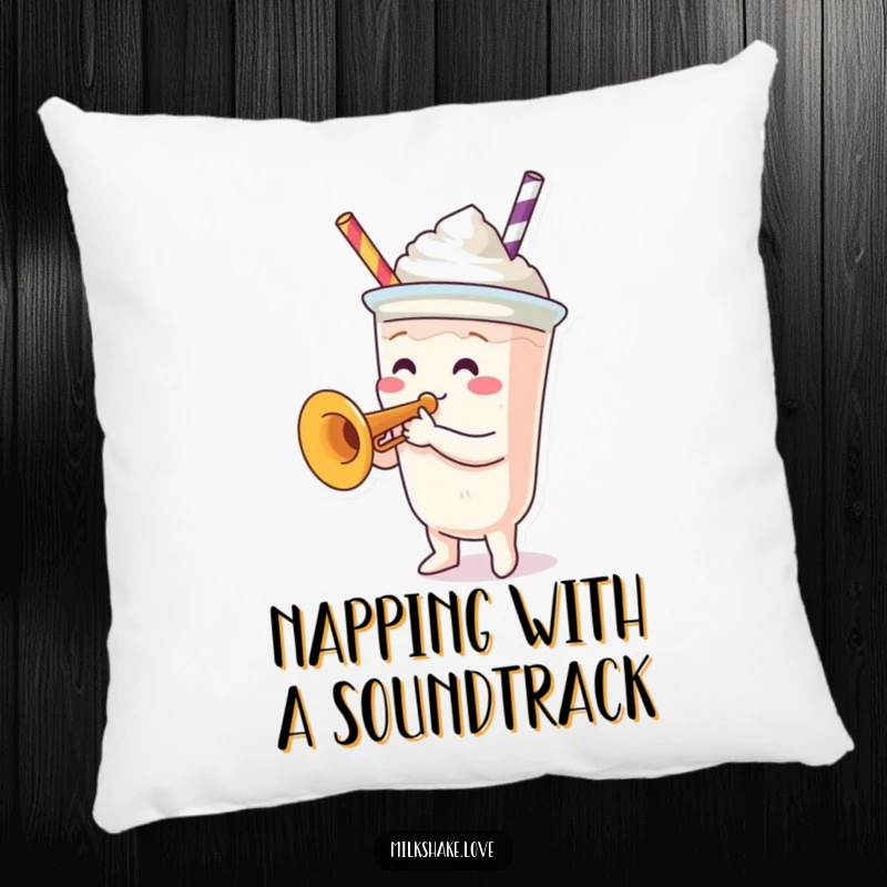 Funny Pillow: A soft cushion featuring a milkshake cup character playing a tiny trumpet, perfect for music enthusiasts.