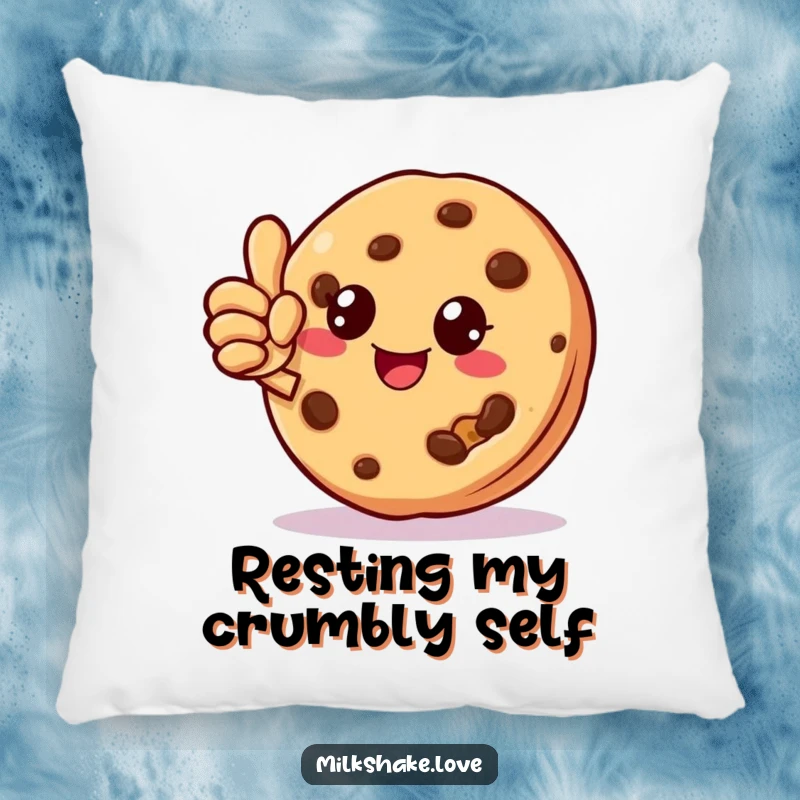Funny cookie character giving a thumbs up with a missing crumb on a soft, plush pillow, perfect for cozy comfort.