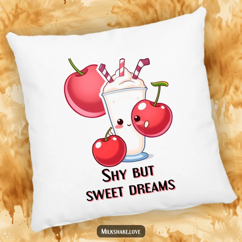Funny decorative pillow showcasing a shy milkshake hiding behind a large cherry, offering sweet comfort and humor.