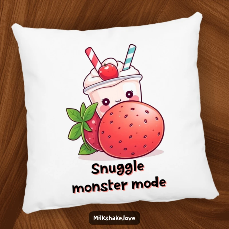 Funny Kawaii milkshake character peeking from behind a large strawberry on a plush, decorative pillow.