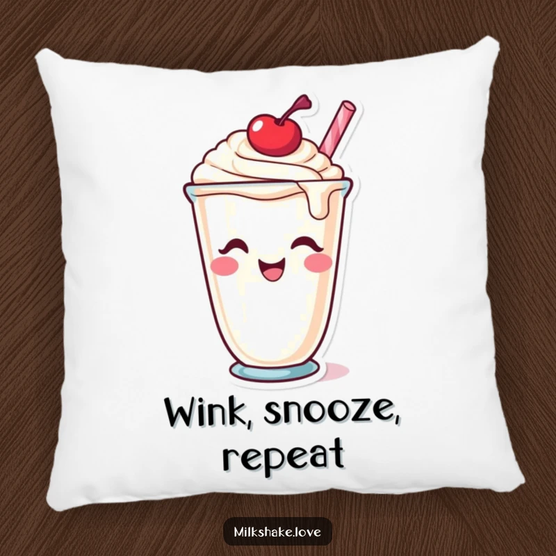 Funny Pillow: A plush cushion showcasing a winking milkshake cup character with a cherry on top, perfect for cozying up.