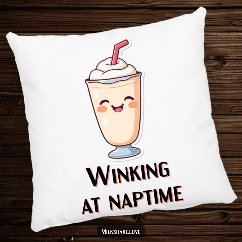 A cute milkshake character with a straw, giving a cheerfulwink, printed on a soft and cuddly funny pillow.
