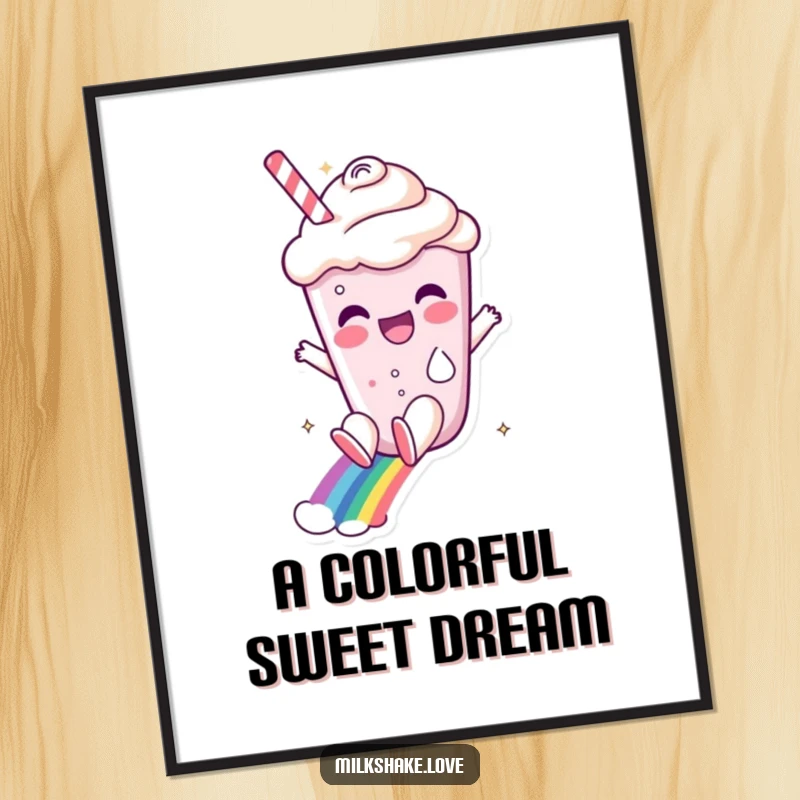 Funny milkshake character with a delighted expression sliding down a vibrant rainbow, offered as a high-resolution digital art print.