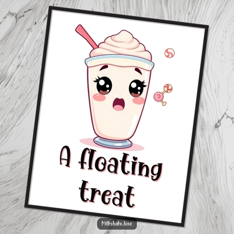 Funny digital art print of a surprised milkshake character with wide eyes, reacting humorously to a candy.