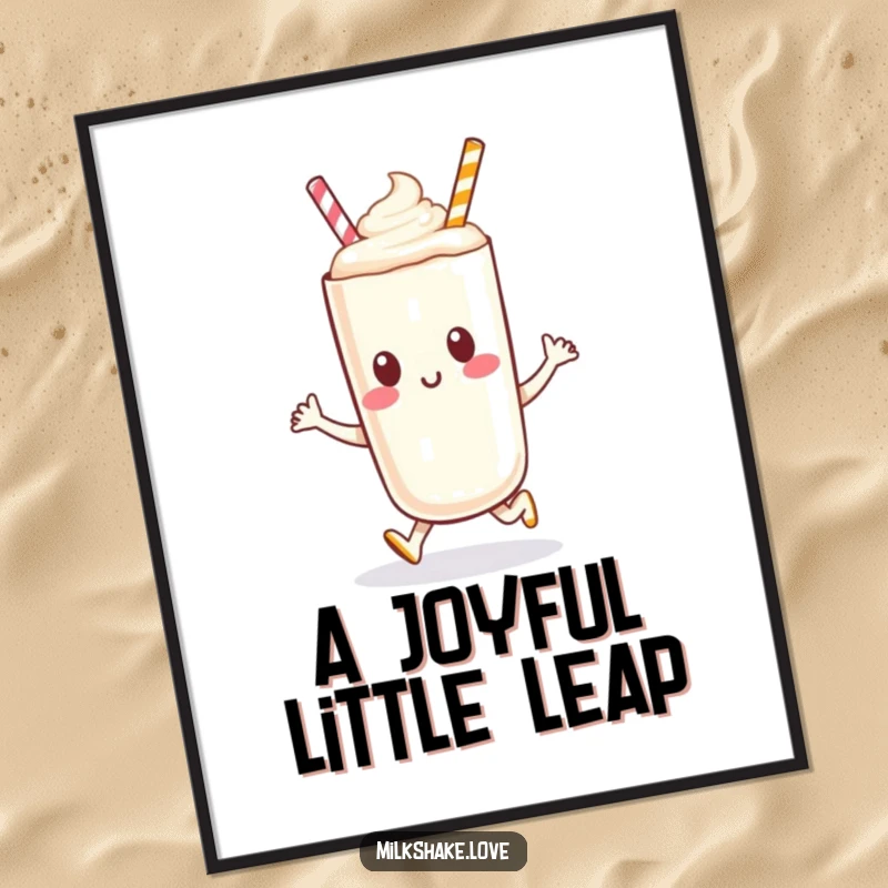 Funny anthropomorphic milkshake character in a joyful hop, depicted as a high-resolution digital art print.