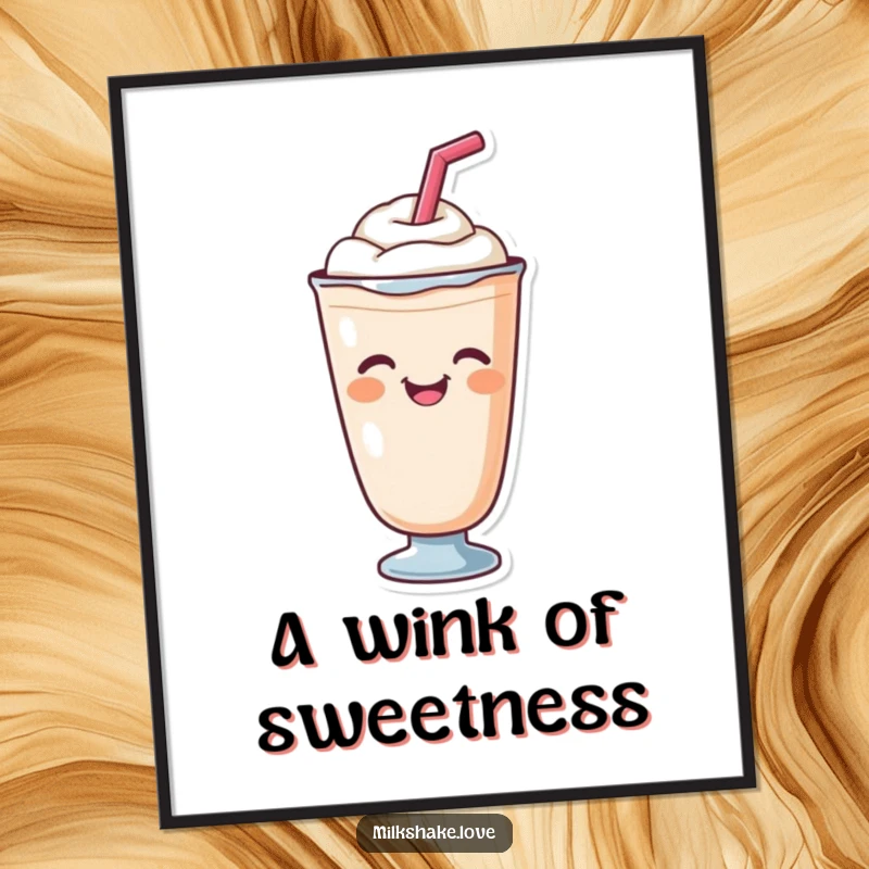 Funny cute milkshake character with a straw giving a cheerful wink, provided as a high-resolution digital art print.