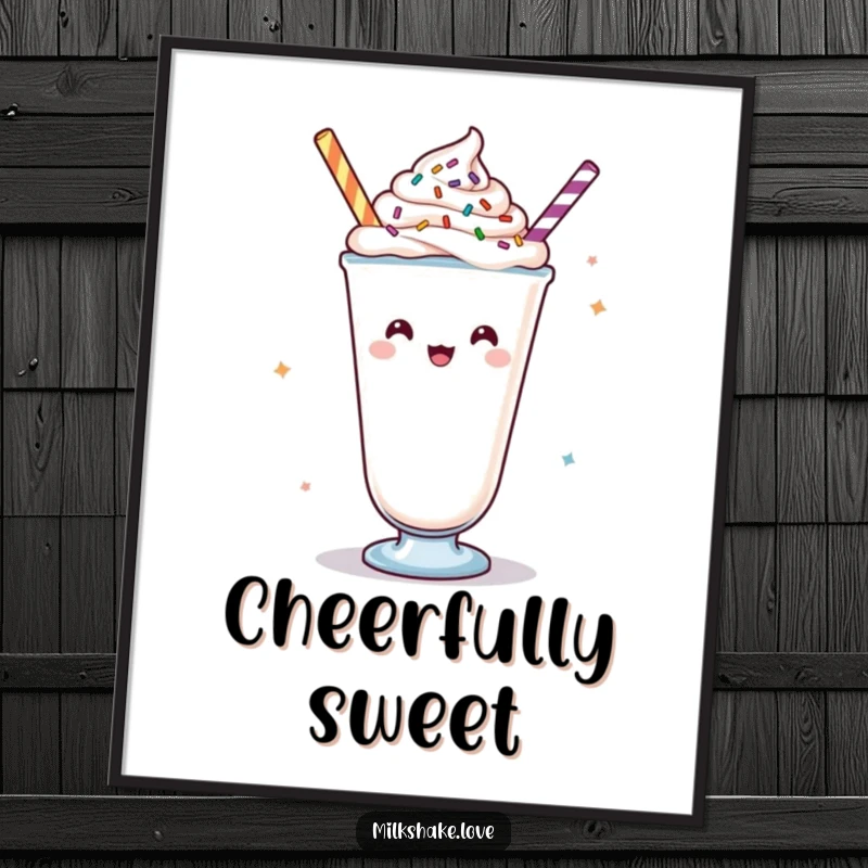 Funny Kawaii milkshake digital art, a high-resolution image of a cheerful character with toppings, perfect for instant motivational decor.
