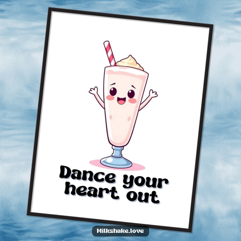 Funny Kawaii milkshake in a tall glass, doing a happy dance, as a downloadable digital art print for cheerful decor.