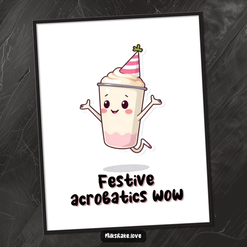 Funny Milkshake Cup Digital Art Print of a milkshake character in a party hat doing a cartwheel. Offers instant festive and humorous wall decor.