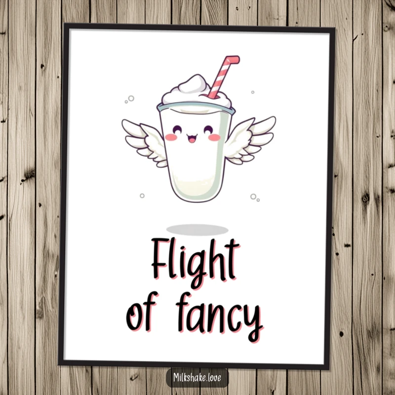 Funny digital art print of a milkshake with small wings attempting to fly, a humorous and imaginative piece.