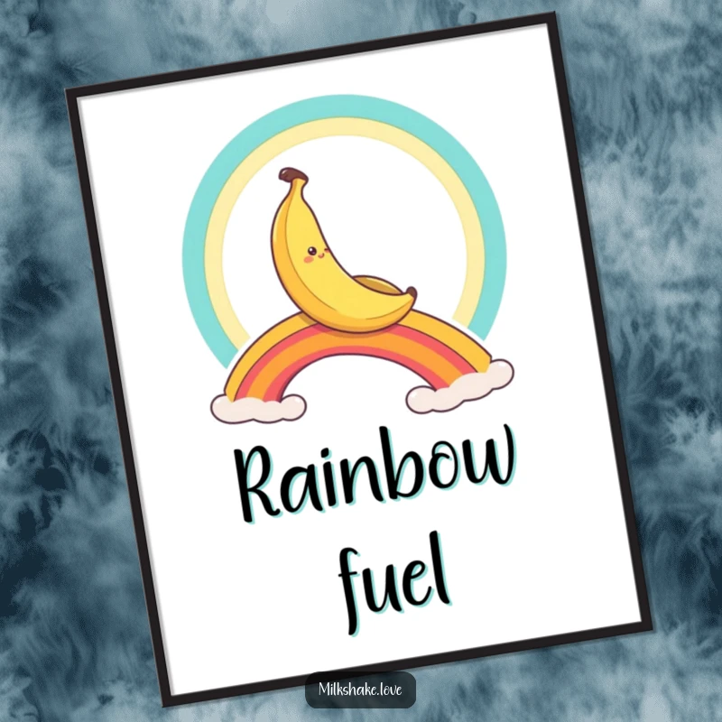 Funny banana character joyfully slides down a vibrant rainbow, a humorous digital art print for instant decor.