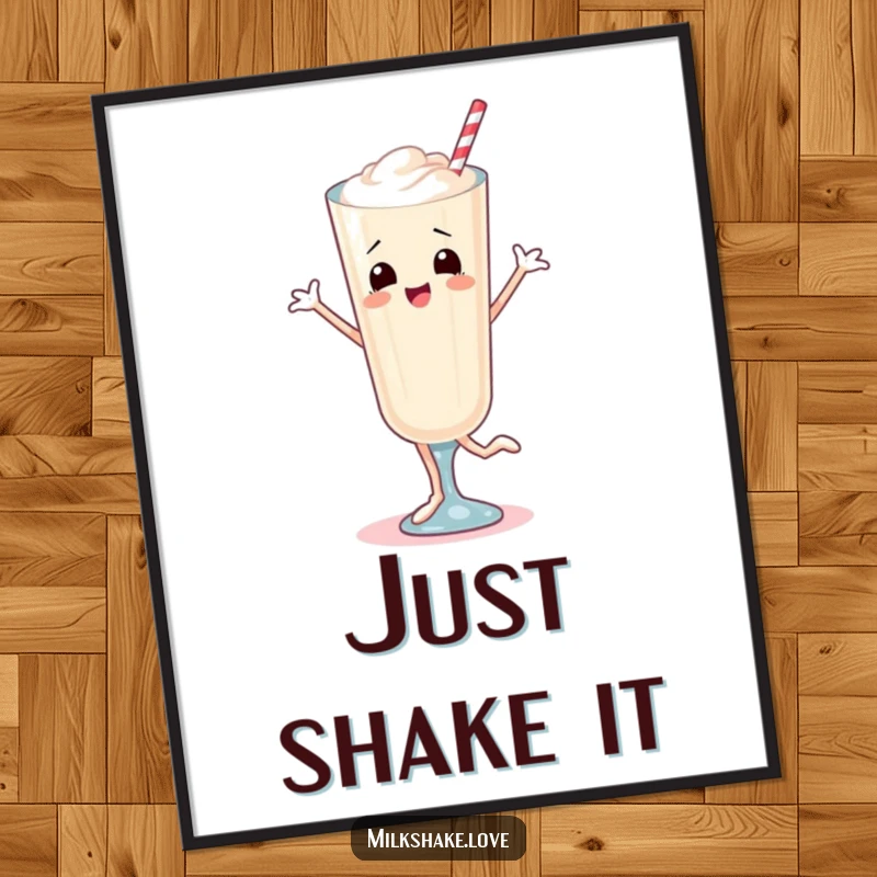 Funny Digital Art Print of a milkshake with legs doing a joyful, bouncy dance, perfect for vibrant and humorous wall decor.