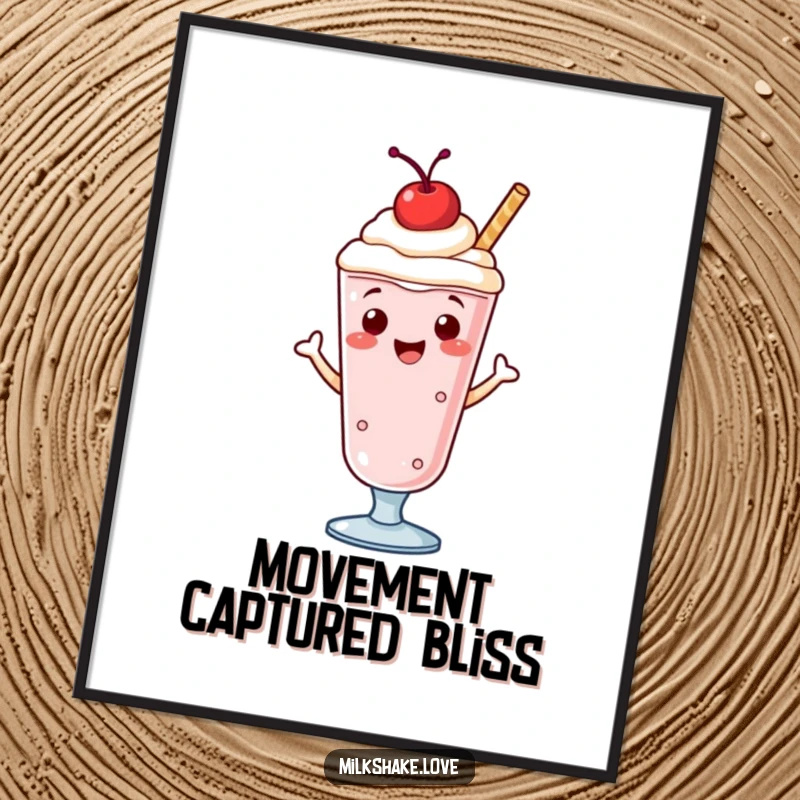 Funny digital art print of a smiling milkshake with a cherry on top, energetically doing a jig, perfect for instant decor.