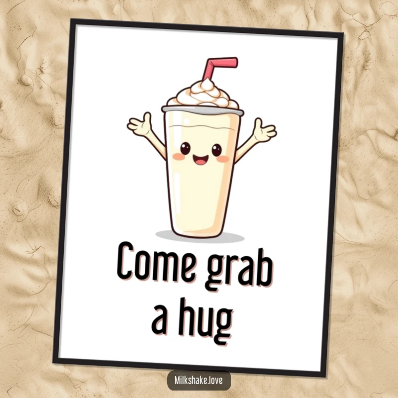 Funny digital art print of a friendly milkshake waving hello, perfect for adding instant cheer and welcome.