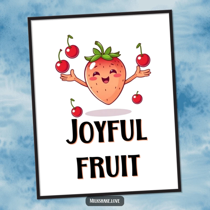 Funny Juggling Strawberry Digital Art Print: A smiling strawberry with arms outstretched joyfully juggling cherries, instant wall art.