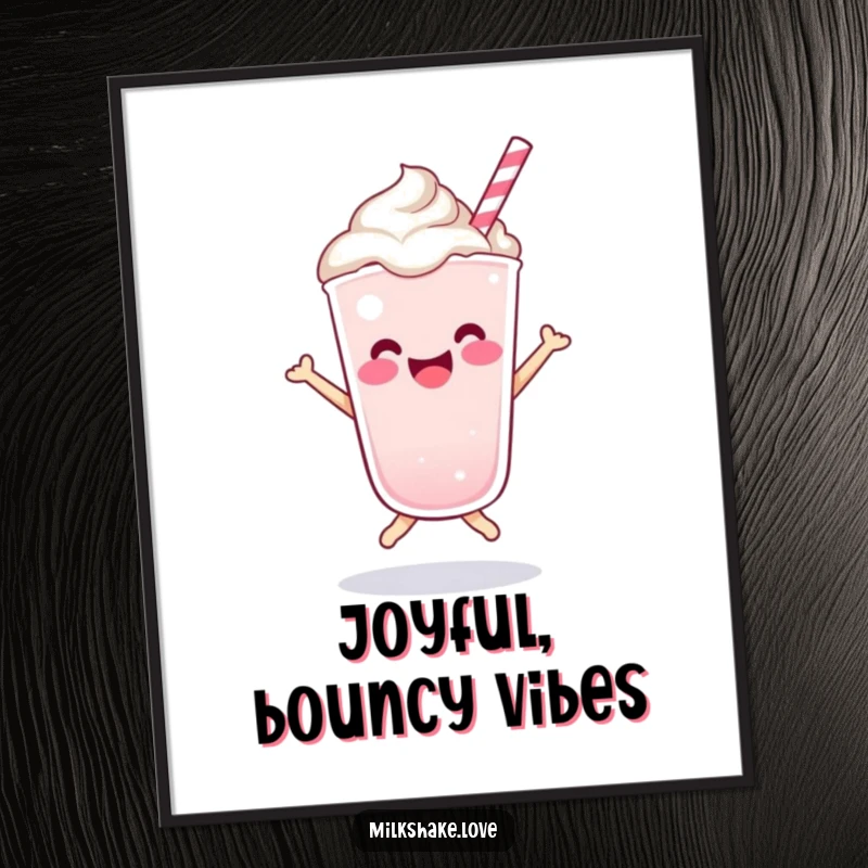 Funny Kawaii milkshake character captured mid-bounce, digitally illustrated for instant, joyful wall art.