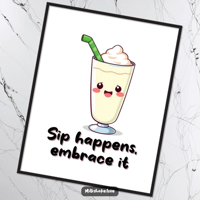 Funny kawaii milkshake digital art print of a cute glass enthusiastically offering a giant straw, perfect for whimsical and cheerful wall decor.