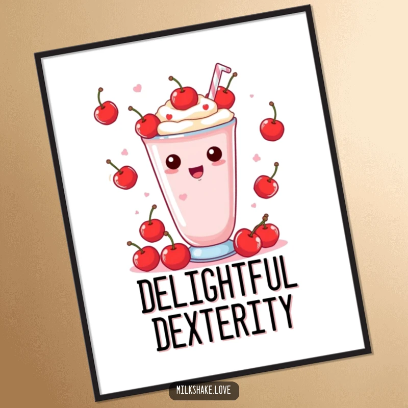 Funny Digital Art Print of a Kawaii milkshake skillfully juggling cherries with a delighted expression, perfect for playful decor.