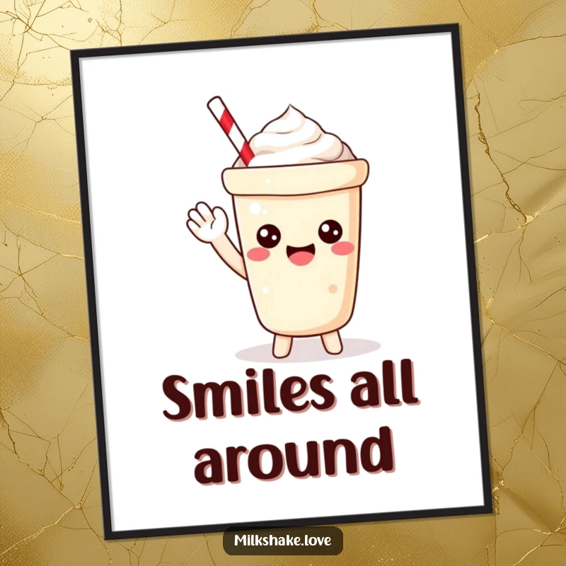 Funny Digital Art Print of a petite Kawaii milkshake with a bubbly expression, happily waving, perfect for instant cheerful decor.