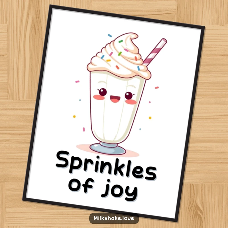 Funny Kawaii milkshake with whipped cream and sprinkles, cheering, as a downloadable digital art print for festive and sweet decor.