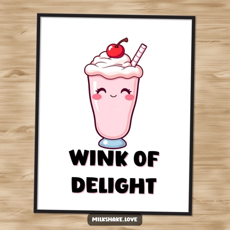 Funny Kawaii milkshake with a cherry on top, winking, as a downloadable digital art print for cheeky and sweet decor.