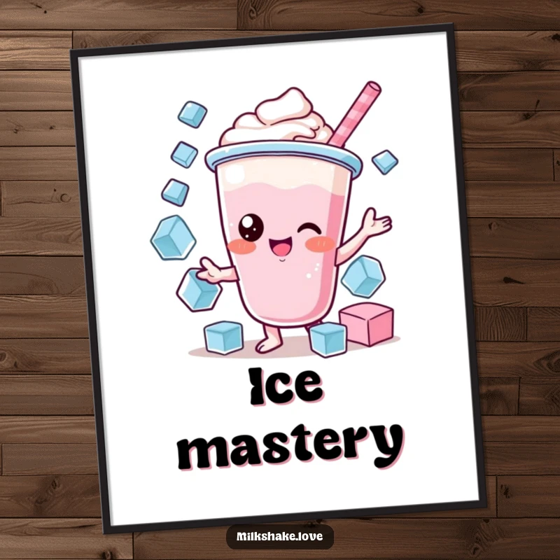 Funny Kawaii Milkshake Digital Art: A kawaii milkshake character juggling ice cubes, ready for humorous decor.