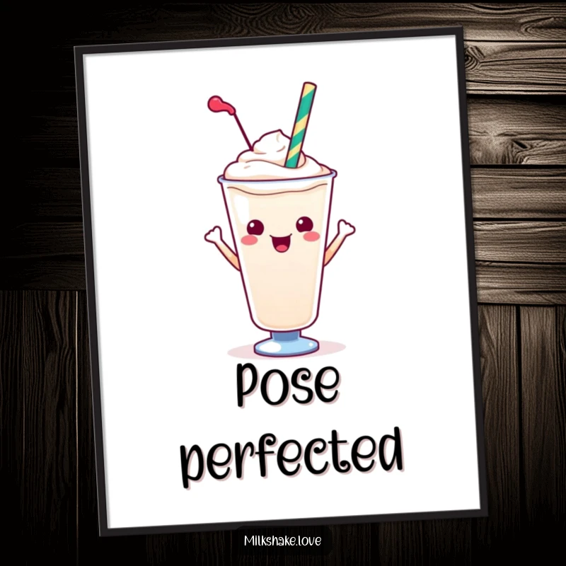 Funny Kawaii Milkshake Digital Art: A kawaii milkshake with a straw doing a fun pose, ready for humorous decor.