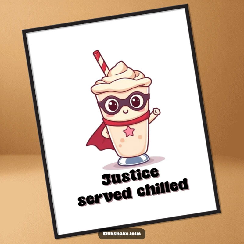 Funny Kawaii milkshake character as a superhero, digitally illustrated in a heroic and fun pose for wall art.