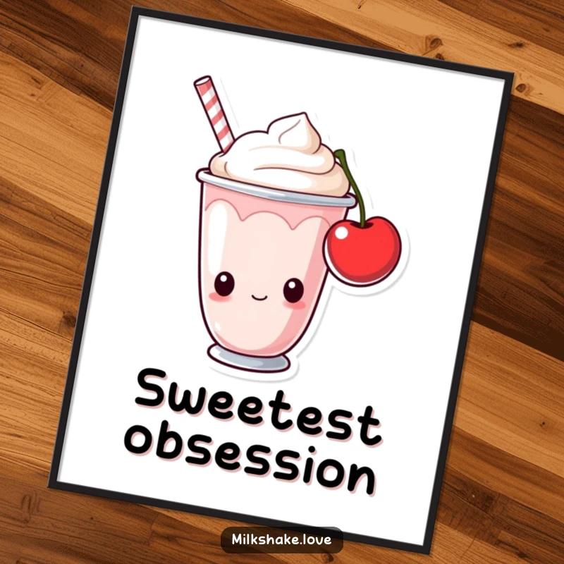 Funny milkshake cup with curious eyes looking at a cherry. Printable digital art for humorous and sweet decor.