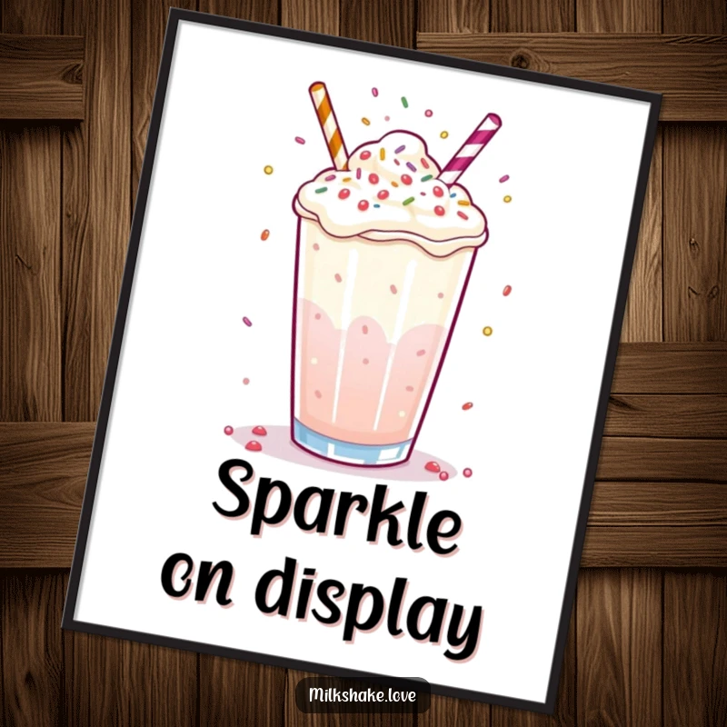 Funny milkshake digital art print of a bubbly drink juggling tiny sprinkles with its surface, ideal for wall decor.