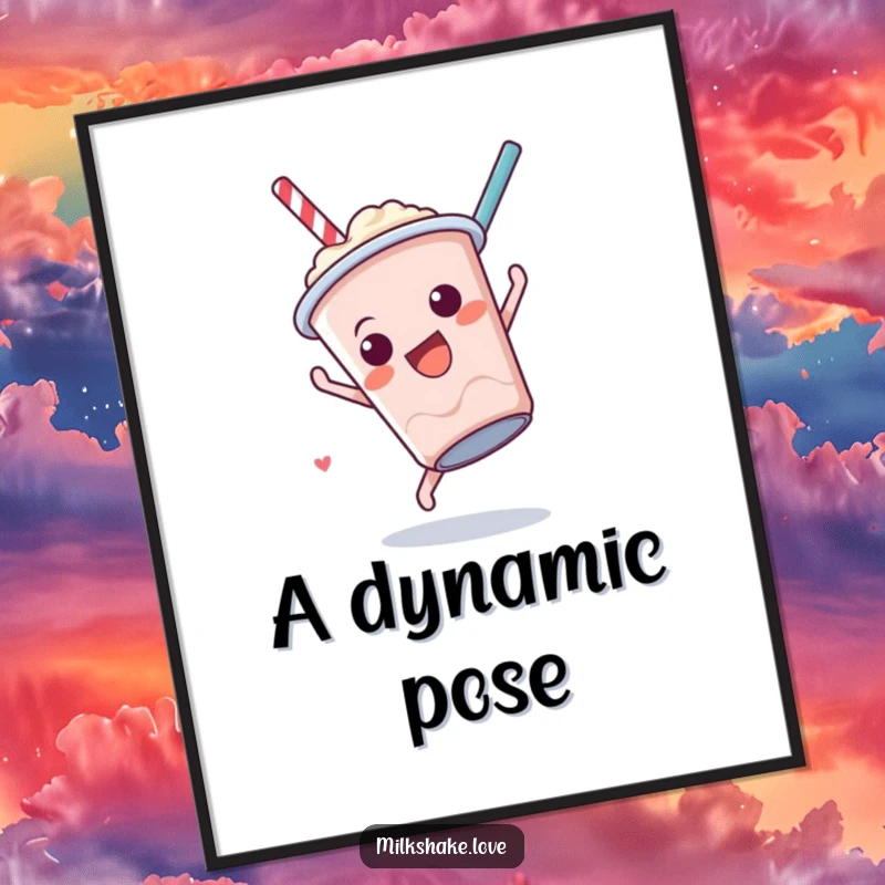 Funny Milkshake Somersault Digital Art Print featuring a cute anthropomorphic milkshake cup performing a fun somersault, ideal for playful decor.