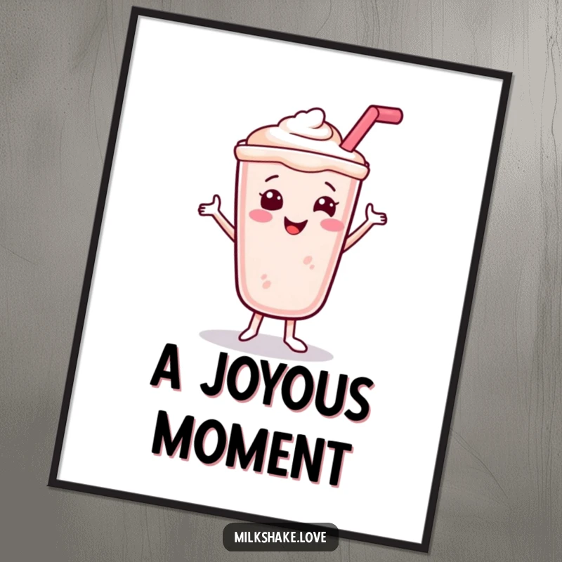 Funny Smiling Milkshake Digital Art Print featuring a happy dancing milkshake with a straw, ideal for cheerful and humorous decor.