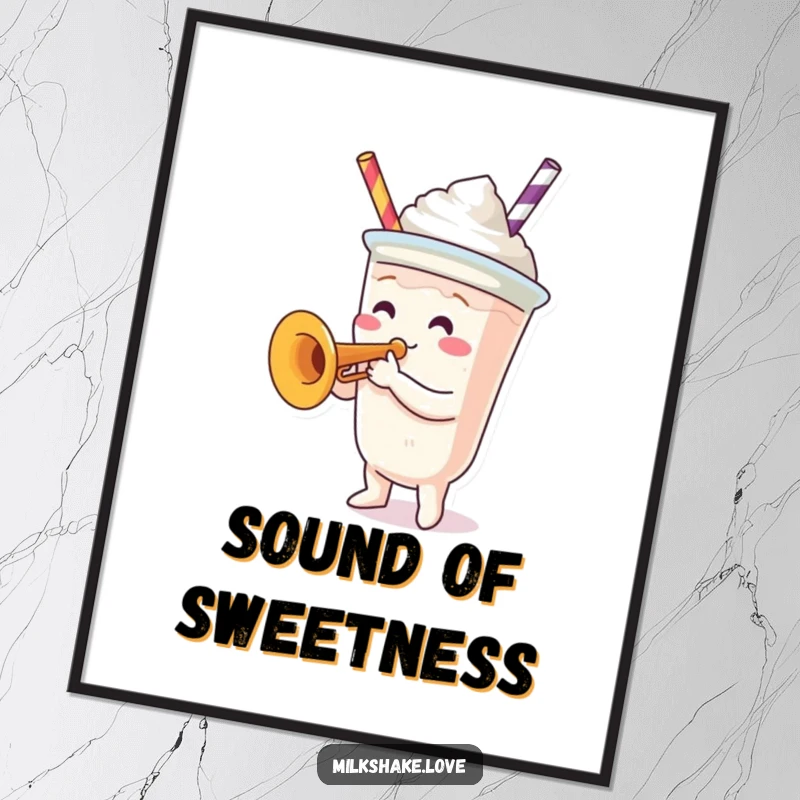 Funny Digital Art Print: A milkshake cup character playing a tiny trumpet, adding a fun and musical element to decor.