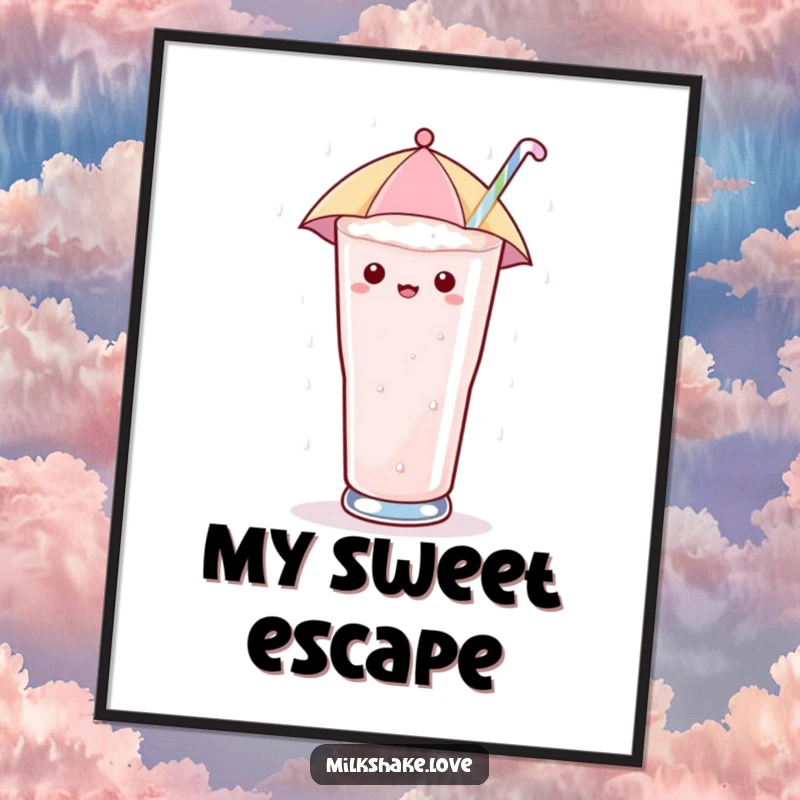 Funny Digital Art Print of a kawaii milkshake glass with a tiny umbrella, enjoying sugary rain, capturing sweet and humorous escapism.