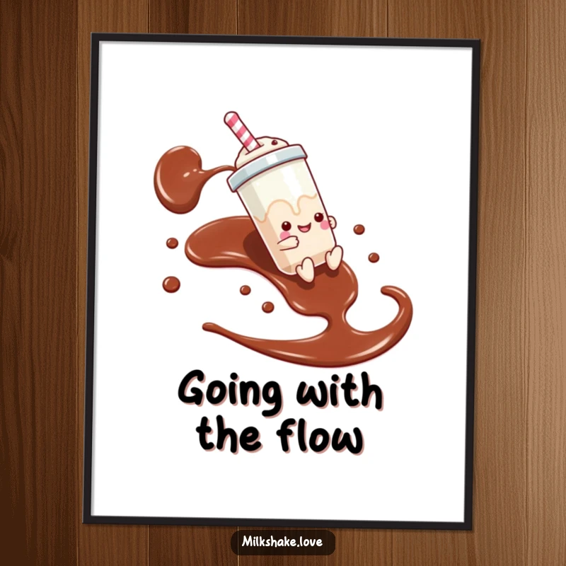 Funny digital art print of a milkshake sliding down chocolate syrup, perfect for adding instant sweet adventure.