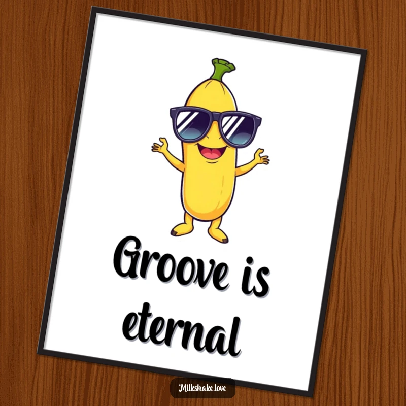 Funny digital art print of a giggling banana in oversized sunglasses, striking an iconic disco pose, ready to hang.