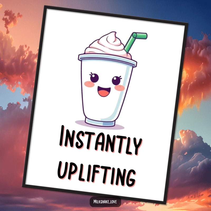 Funny Digital Art Print: A cheerful milkshake cup character with a straw, cheering, ready to bring smiles to any digital display.