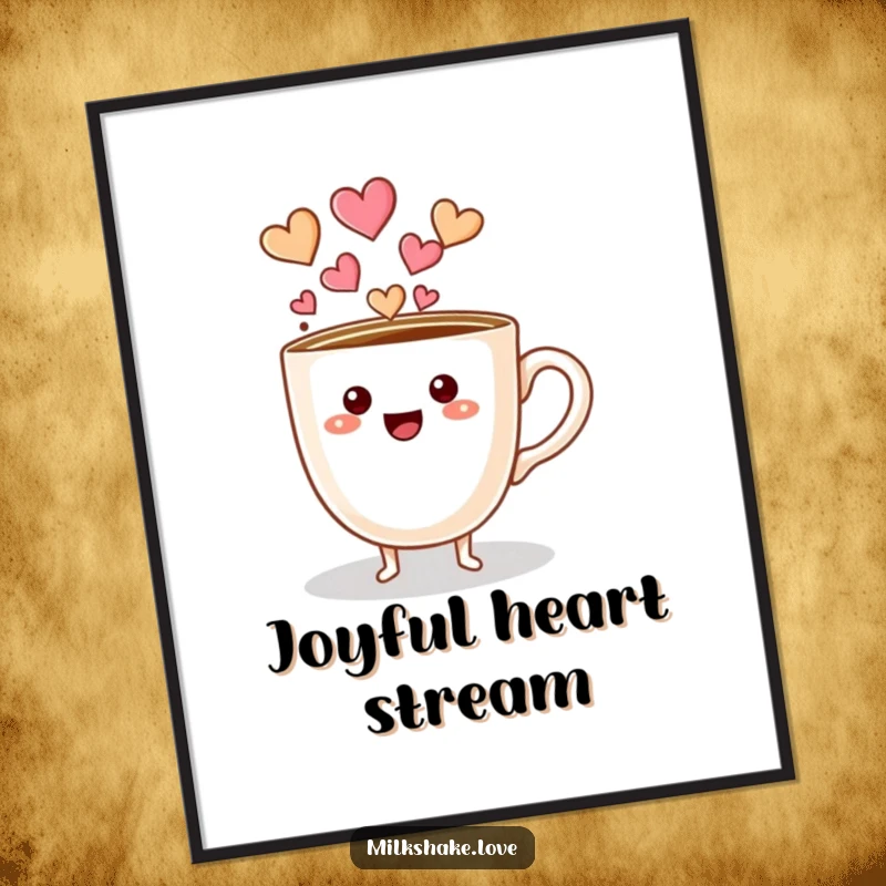 Funny coffee cup character with tiny feet pouring hearts, high-resolution digital art print, ideal for immediate loving decor.
