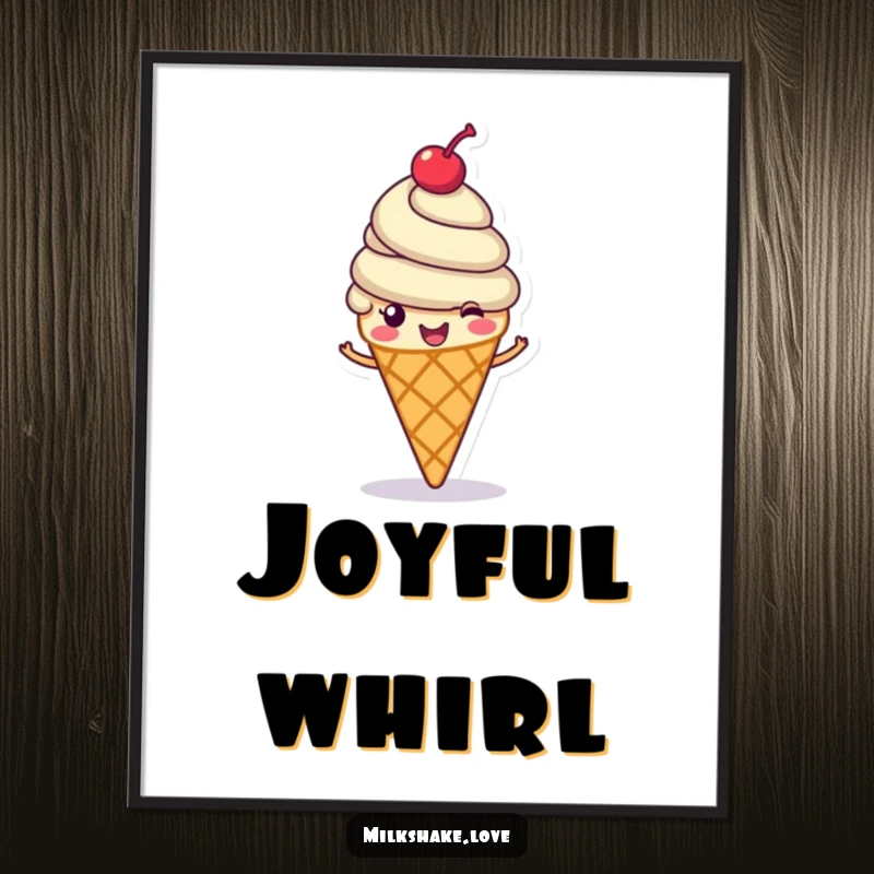 Funny ice cream cone digital art print, a cheerful ice cream cone with a cherry on top spinning happily, charming funny gift.