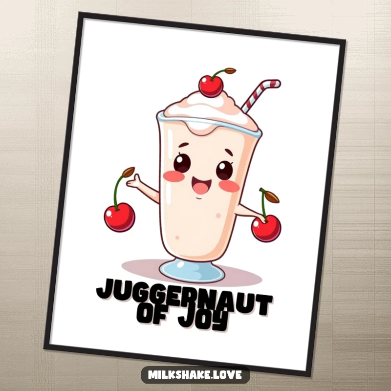 Funny Digital Art Print of a happy kawaii milkshake juggling three tiny cherries, capturing playful skill and humorous joy.