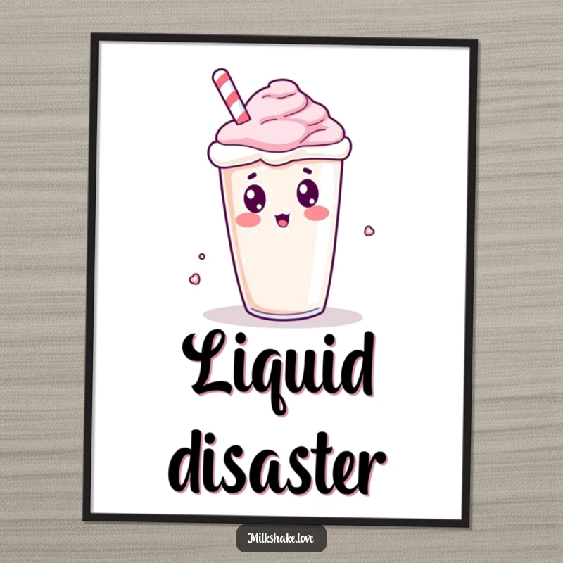 Funny Kawaii Milkshake Digital Art: A surprised milkshake character spilling, ready to be printed for humorous decor.