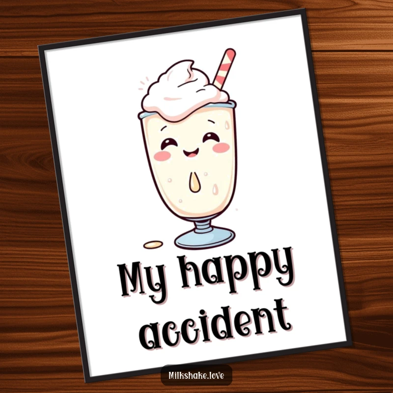 Funny Kawaii Milkshake Digital Art Print, a giggling character spills a drop, printable wall decor, perfect for gifting.