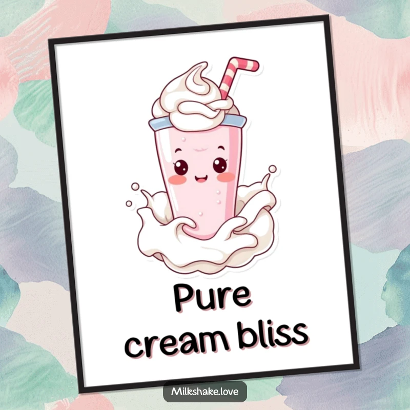 Funny Digital Art Print of a Kawaii milkshake character happily splashing through whipped cream, bringing creamy fun vibes.