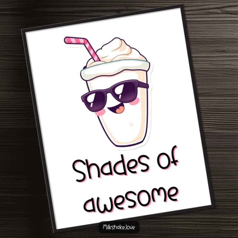 Funny kawaii milkshake character with a wide grin and sunglasses, stylish digital art capturing cool vibes and humor.