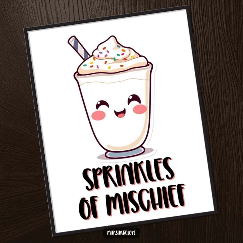 Funny Kawaii milkshake character making a funny face with sprinkles, digitally illustrated for instant humorous decor.