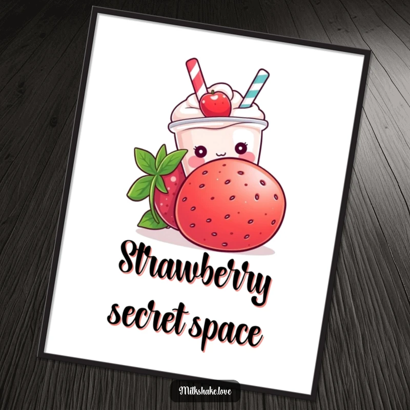 Funny Kawaii milkshake character hiding behind a giant strawberry, digitally illustrated for charming wall decor.