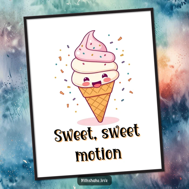 Funny digital art print of a happy ice cream cone spinning with sprinkles flying everywhere, bringing sweet, joyful energy to any room.