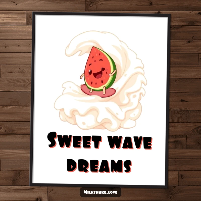 Funny Watermelon Surf Digital Art Print showing a happy watermelon slice surfing a whipped cream wave, ideal for vibrant, summer-themed decor.