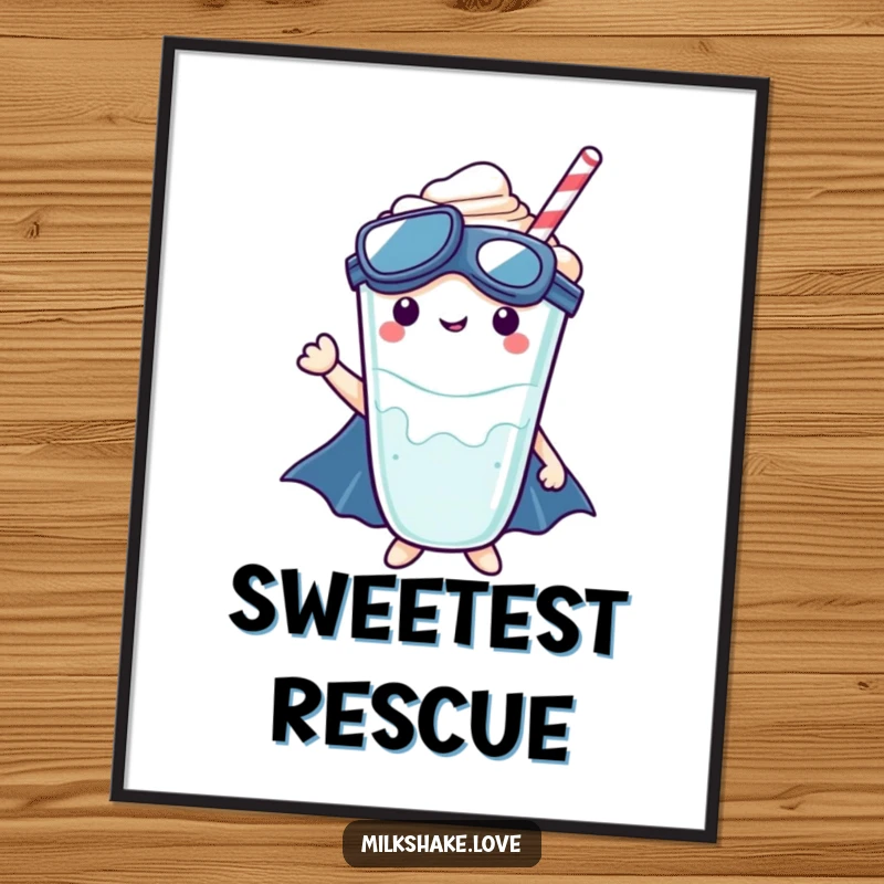 Kawaii milkshake character as a superhero, available as a downloadable humorous art print.